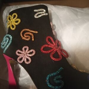 Betsey Johnson Black Heeled Boots with Multicolor Embellishments